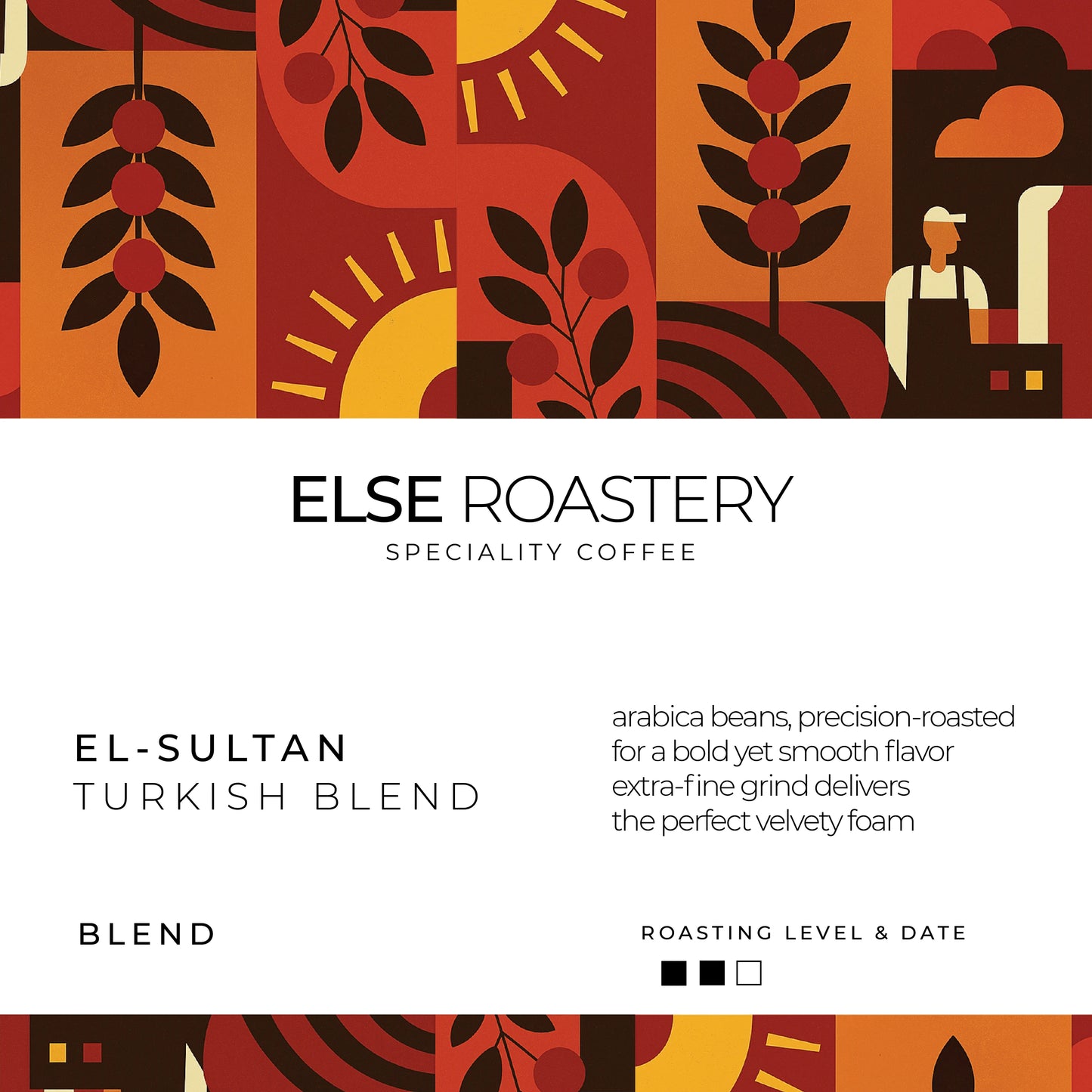 El-Sultan Turkish Blend coffee packaging with artistic design elements and 'Else Roastery' branding.