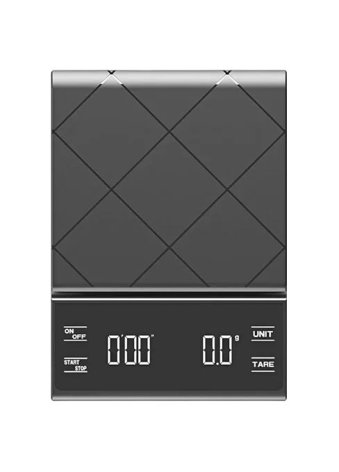 Digital kitchen scale with geometric design on a white background