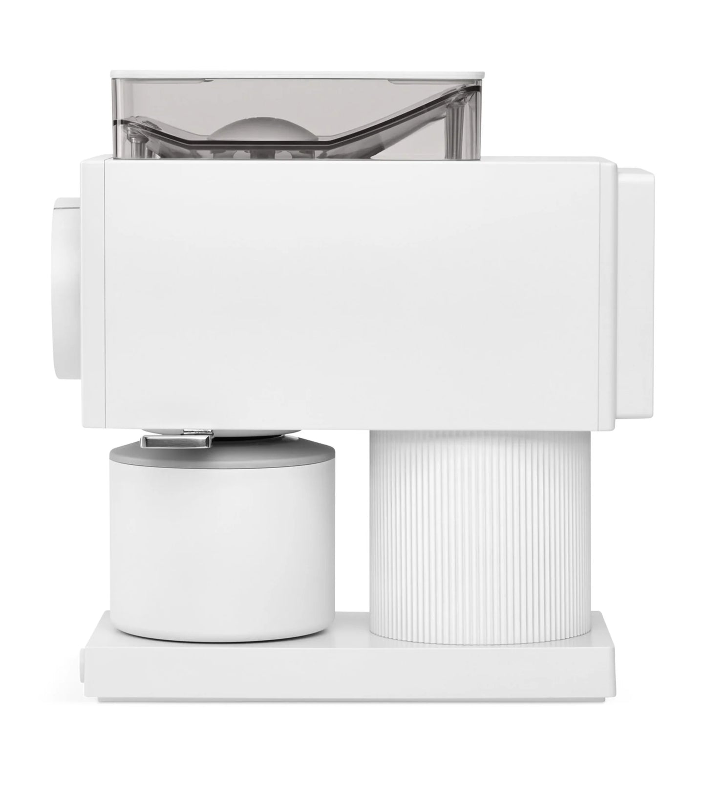 White cylindrical object with a transparent top on a white background