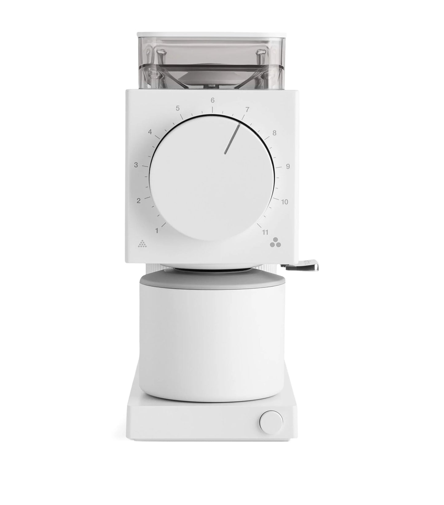 White coffee grinder with a clear top on a white background