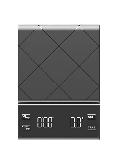Digital kitchen scale with geometric design on a white background