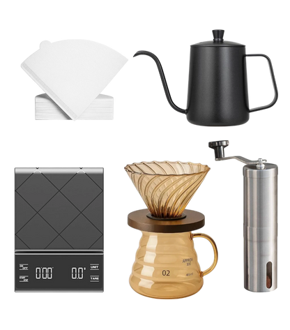 Collection of coffee-making tools including a kettle, grinder, scale, and filter on a white background.