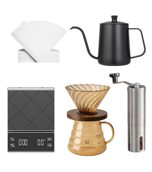 Collection of coffee-making tools including a kettle, grinder, scale, and filter on a white background.