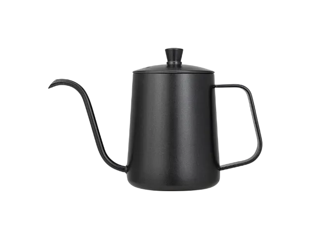 Black kettle with a long spout on a white background