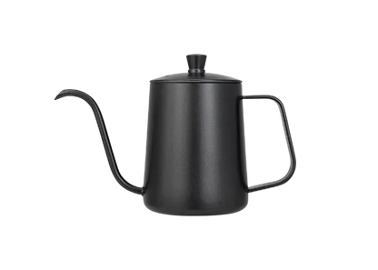Black kettle with a long spout on a white background