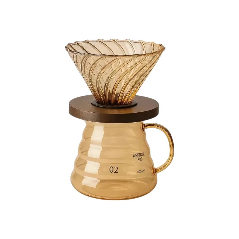 Coffee dripper with wooden base on a white background