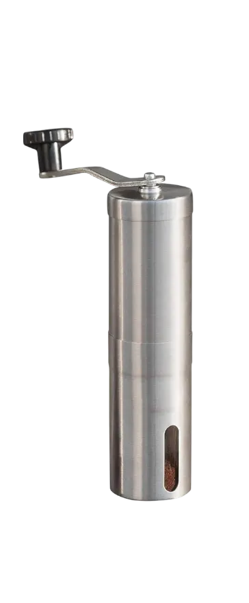Stainless steel manual coffee grinder on a white background